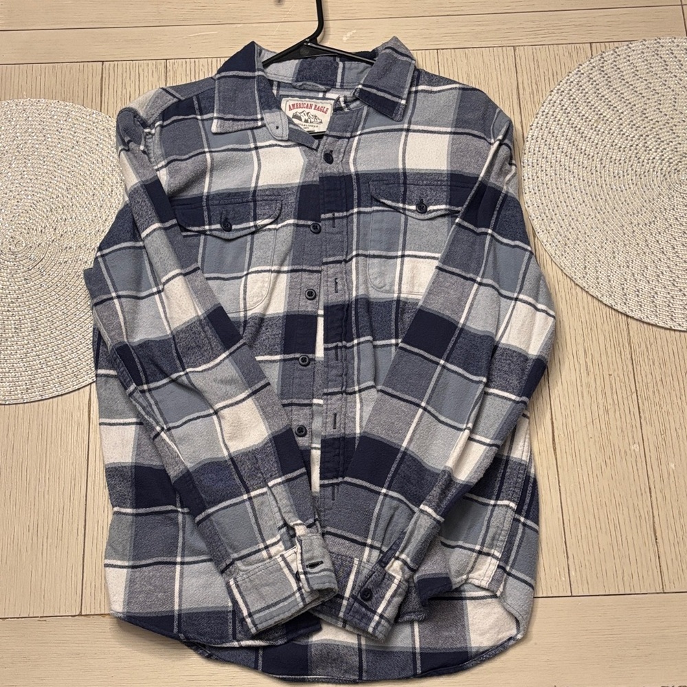 American Eagle Navy & White Plaid Flannel Shirt